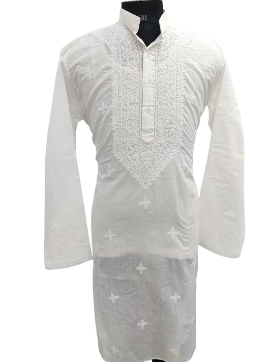 Shyamal Chikan Hand Embroidered White Cotton Lucknowi Chikankari Men's Kurta – S23630