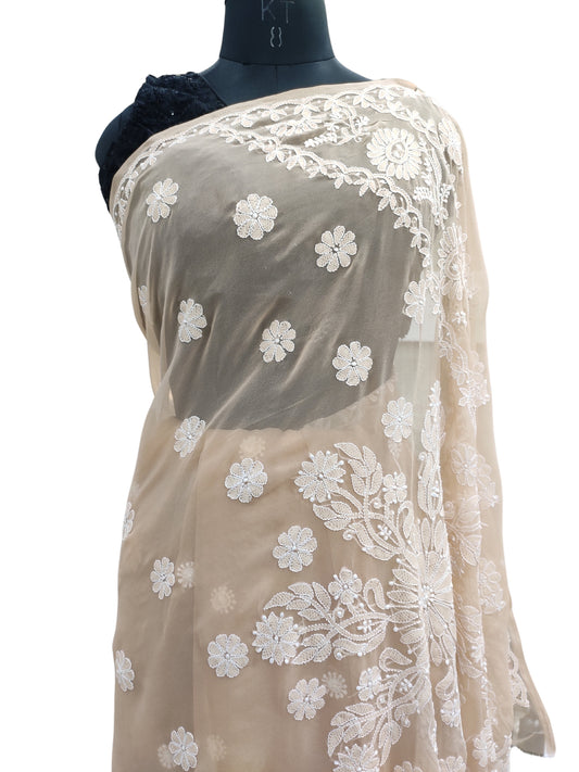 Shyamal Chikan Hand Embroidered Brown Georgette Lucknowi Chikankari Saree With Blouse Piece - S23158