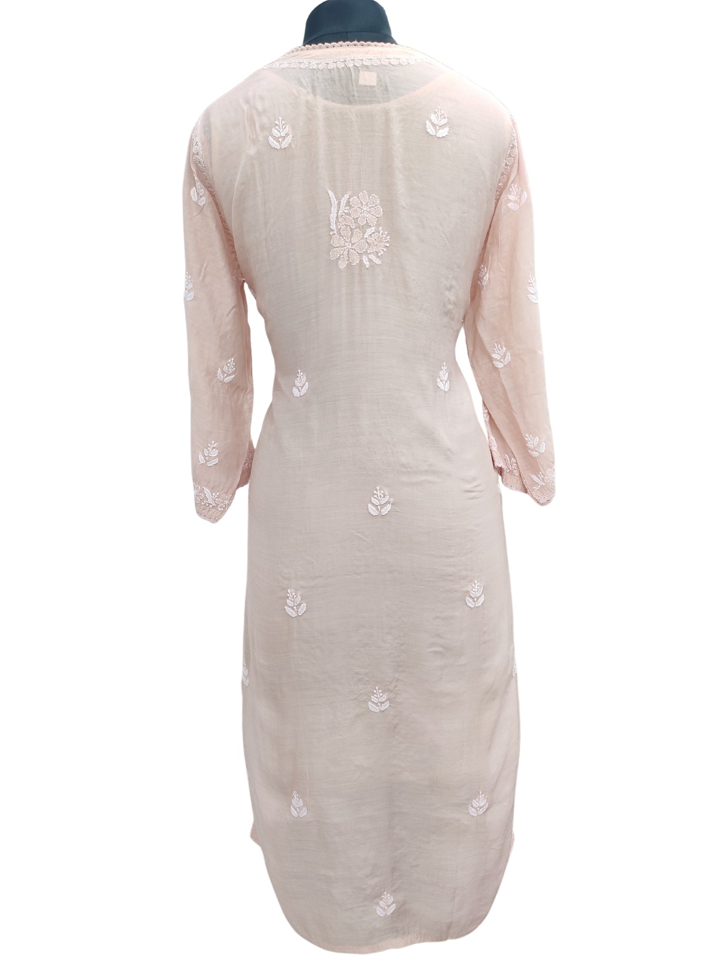 Shyamal Chikan Hand Embroidered Peach Muslin Lucknowi Chikankari Kurti - 23828