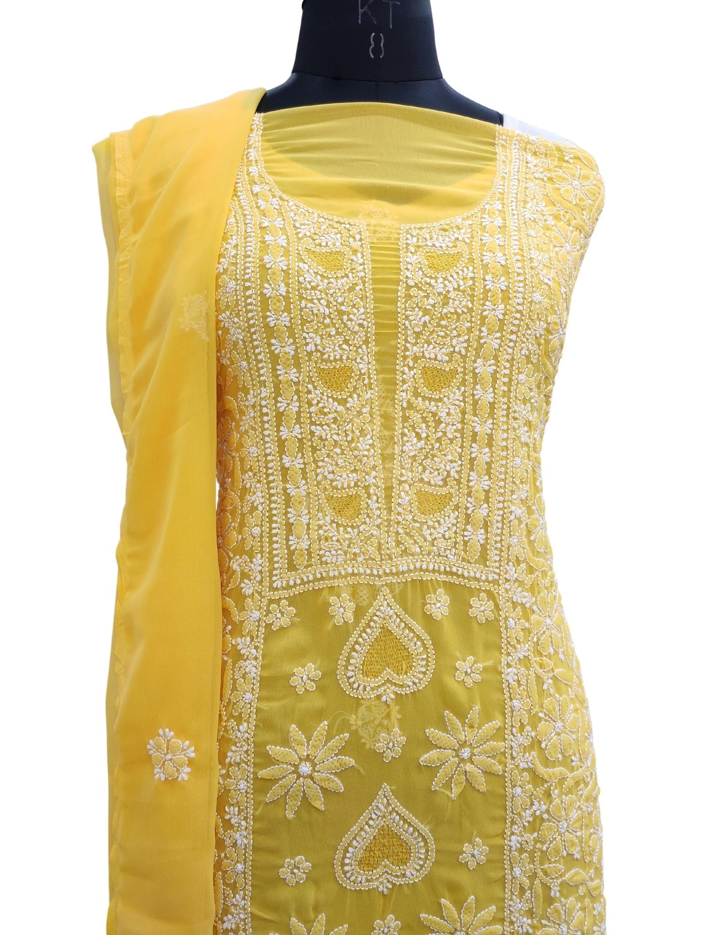 Shyamal Chikan Hand Embroidered Yellow Georgette Lucknowi Chikankari Unstitched Suit Piece With Jaali Work - S20251