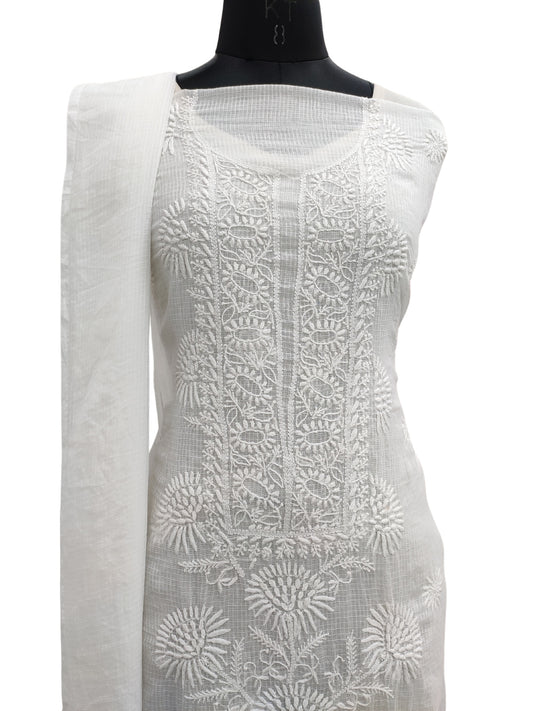 Shyamal Chikan Hand Embroidered White Kota Cotton Lucknowi Chikankari Unstitched Suit Piece ( Kurta Dupatta Set ) - S21894