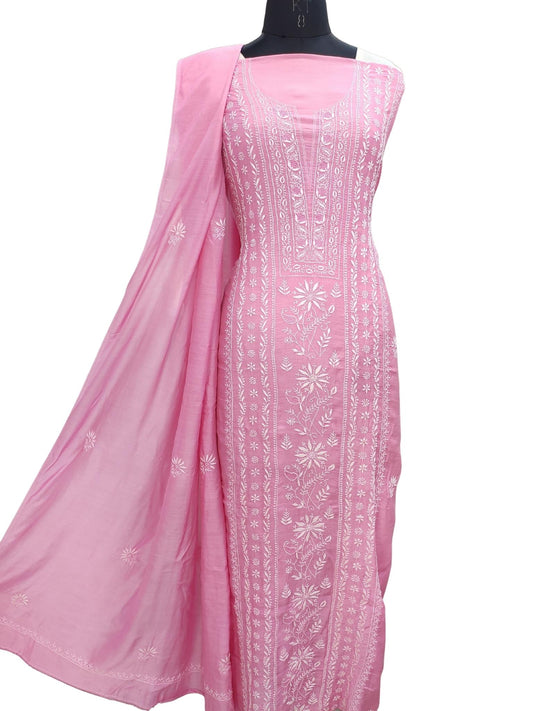 Shyamal Chikan Hand Embroidered Pink Muslin Lucknowi Chikankari Unstitched Suit Piece (Kurta Dupatta Set ) - S20889