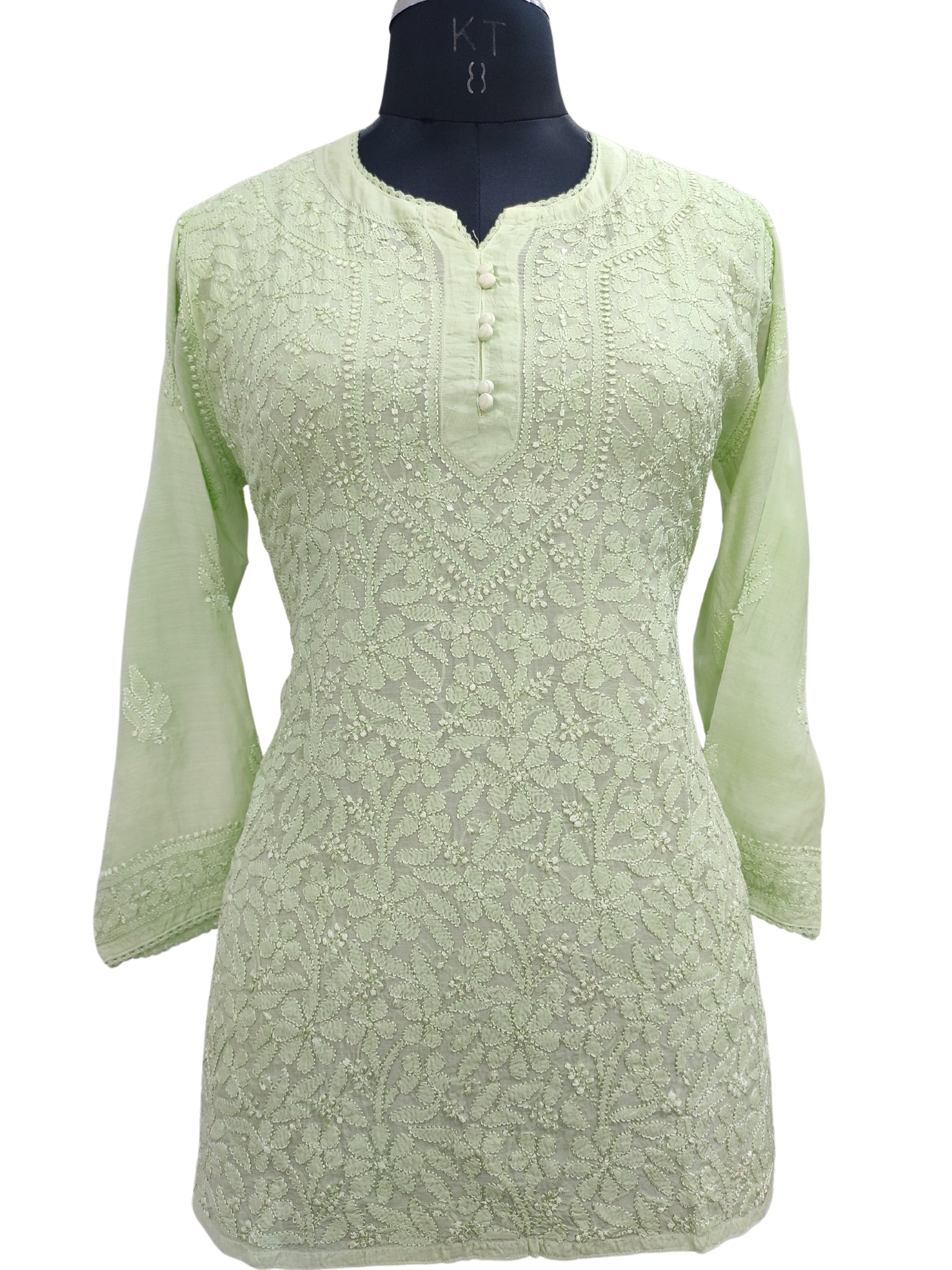 Shyamal Chikan Hand Embroidered Green Muslin Lucknowi Chikankari Short Top - 23496