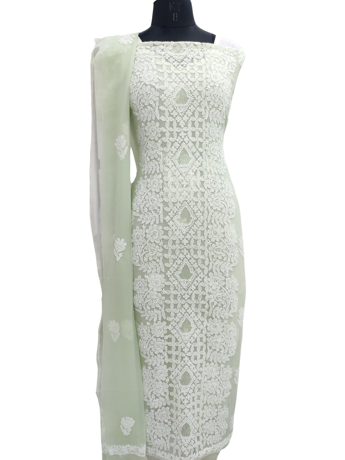 Shyamal Chikan Hand Embroidered Green Georgette Lucknowi Chikankari Unstitched Suit Piece - 24036