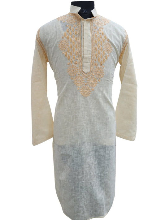 Shyamal Chikan Hand Embroidered Peach Cotton Lucknowi Chikankari Men's Kurta - S25190