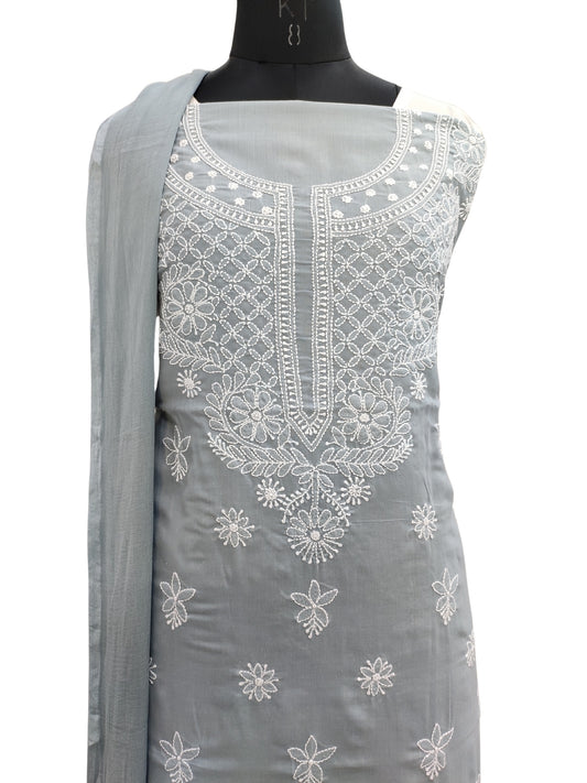 Shyamal Chikan Hand Embroidered Grey Cotton Lucknowi Chikankari Unstitched Suit Piece - S24161