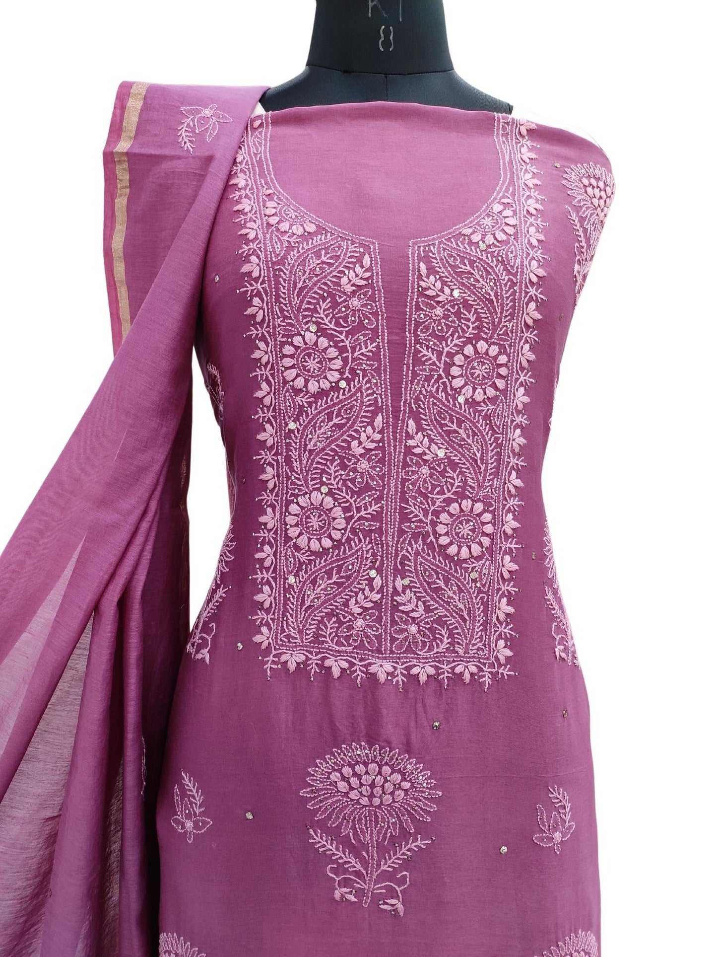 Shyamal Chikan Hand Embroidered Purple Chanderi Silk Lucknowi Chikankari Unstitched Suit Piece With Mukaish Work ( Kurta Dupatta Set ) - S16782