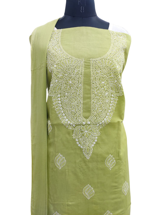 Shyamal Chikan Hand Embroidered Green Cotton Lucknowi Chikankari Unstitched Suit Piece - S24745