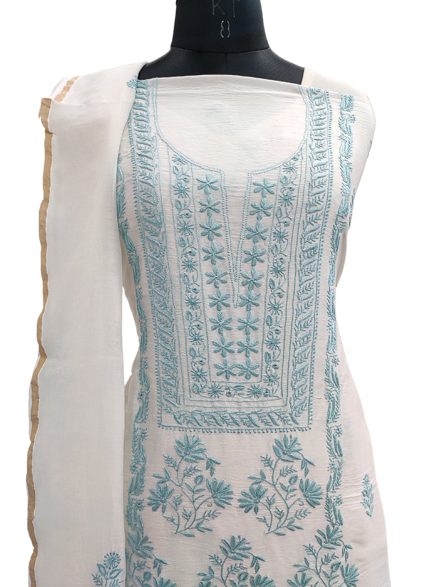 Shyamal Chikan Hand Embroidered White Pure Chanderi Silk Lucknowi Chikankari Unstitched Suit Piece ( Kurta Dupatta Set ) - S20707