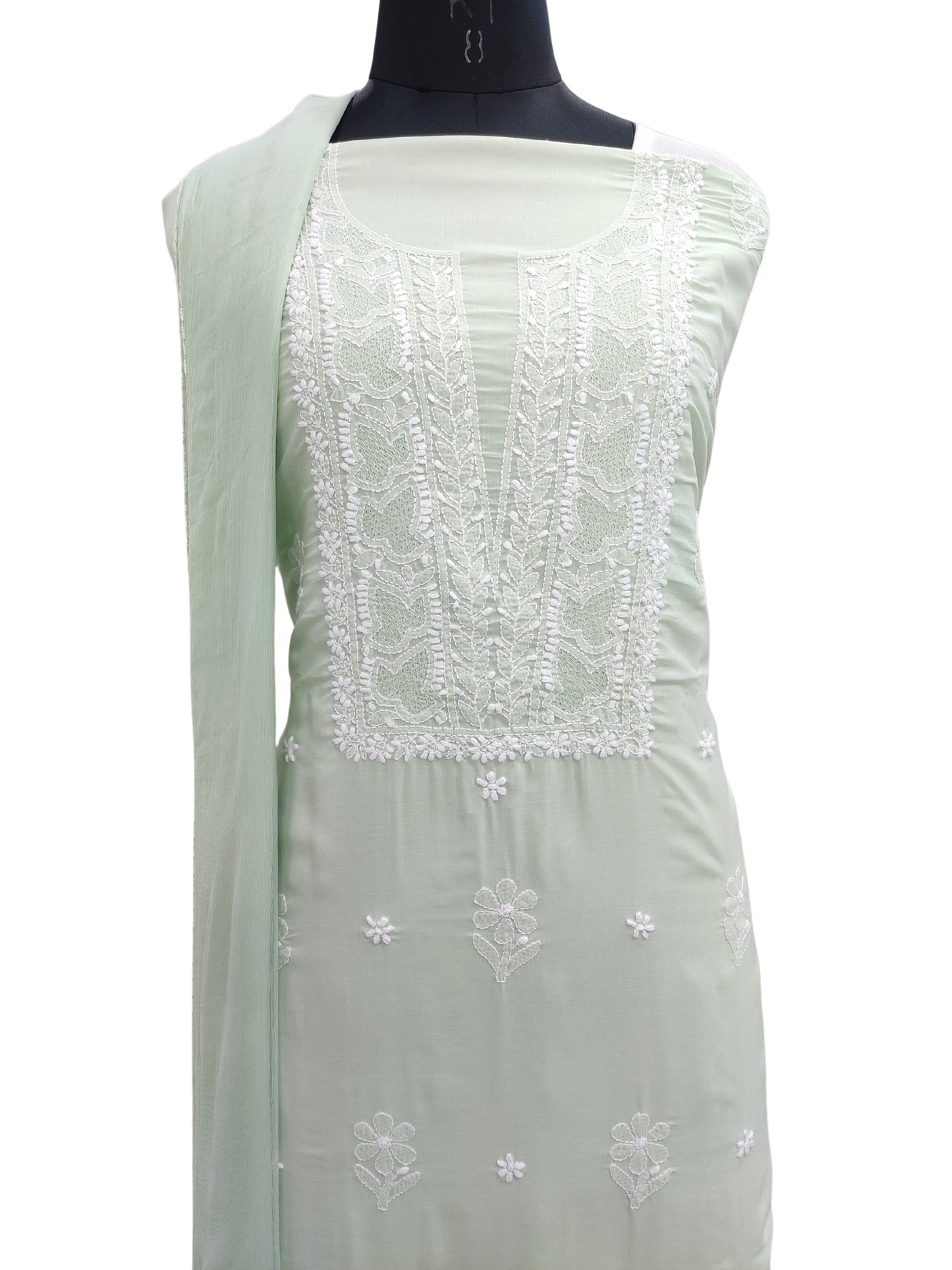 Shyamal Chikan Hand Embroidered Sea Green Cotton Lucknowi Chikankari Unstitched Suit Piece - S25268