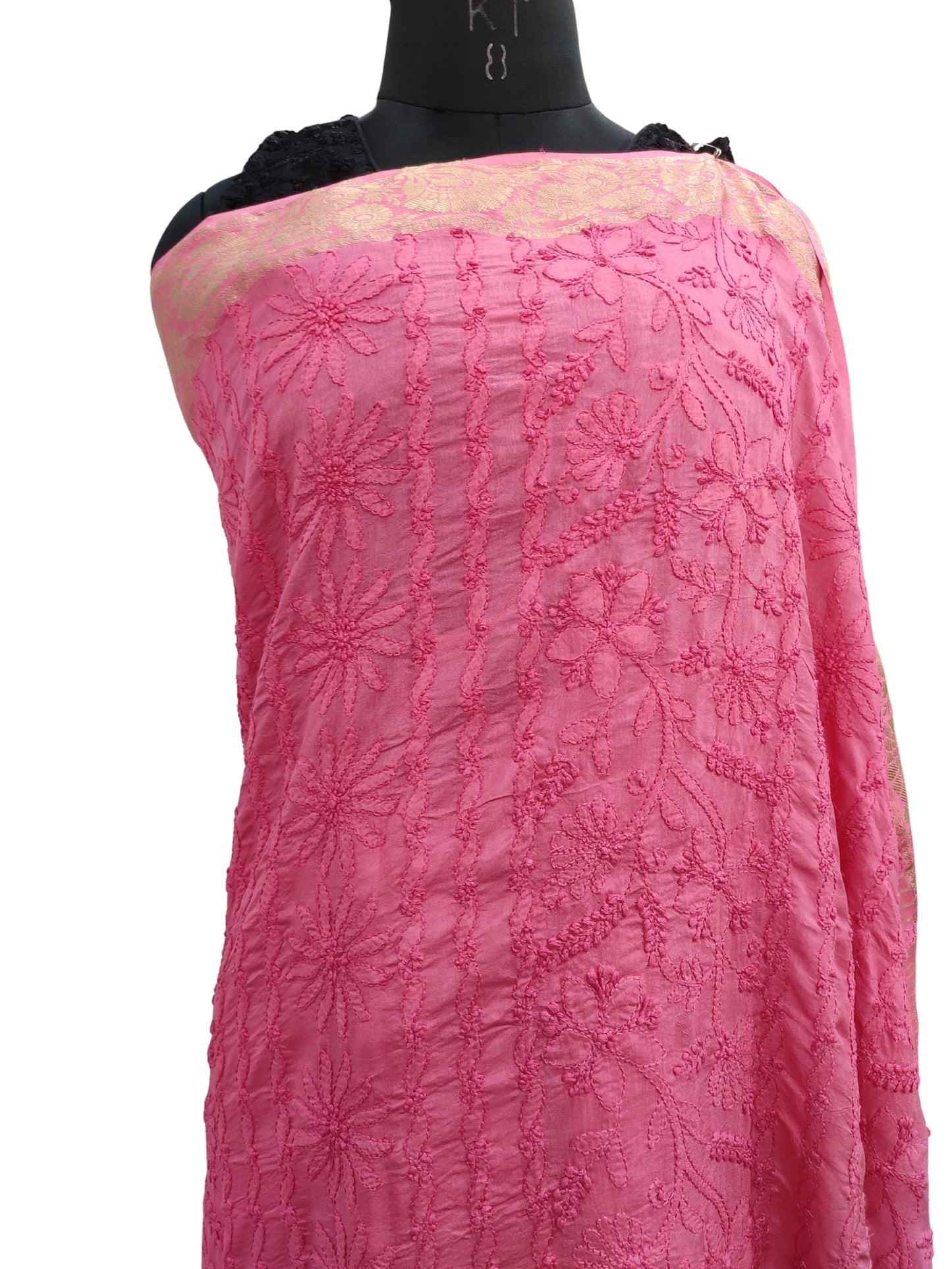 Shyamal Chikan Hand Embroidered Pink Pure Muslin Lucknowi Chikankari Saree With Blouse Piece- S19839