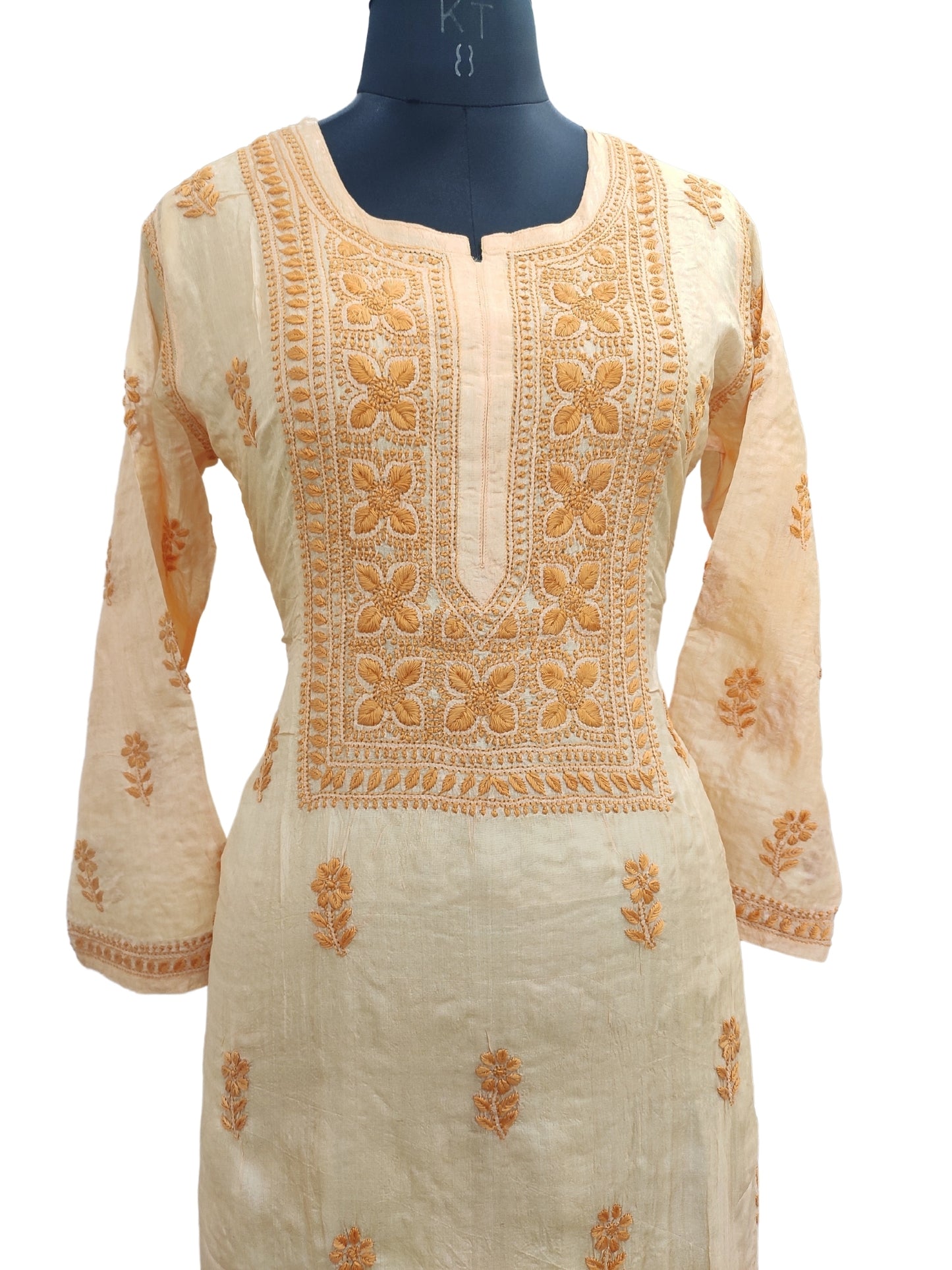 Shyamal Chikan Hand Embroidered Yellow Pure Tusser Silk Lucknowi Chikankari Kurti- S24414