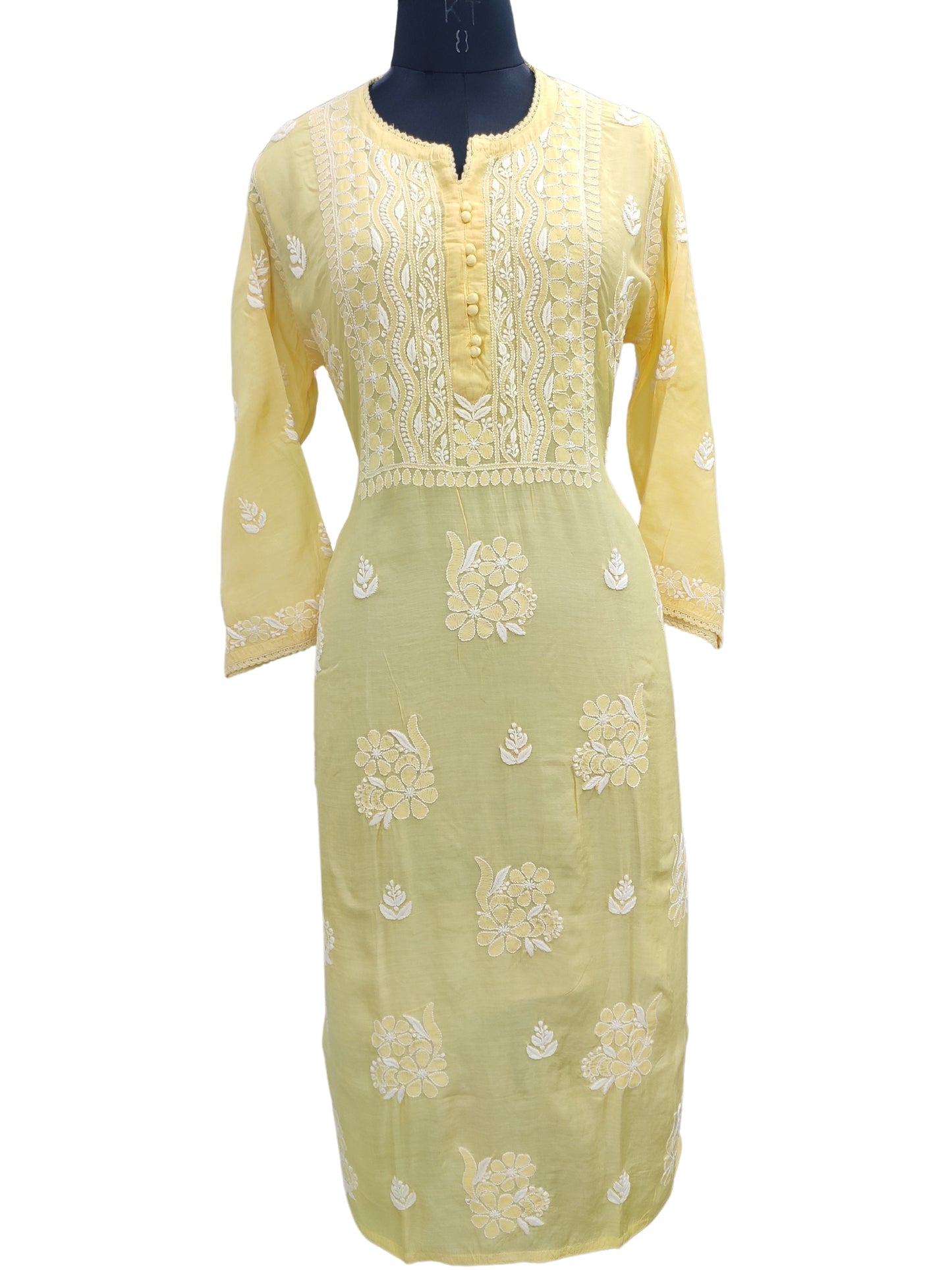 Shyamal Chikan Hand Embroidered Yellow Muslin Lucknowi Chikankari Kurti - 23824