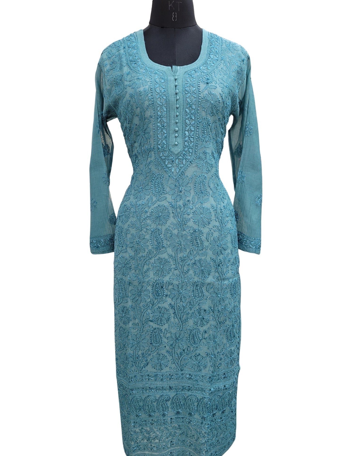 Shyamal Chikan Hand Embroidered Blue Mul Chanderi Lucknowi Chikankari Kurti - S24706