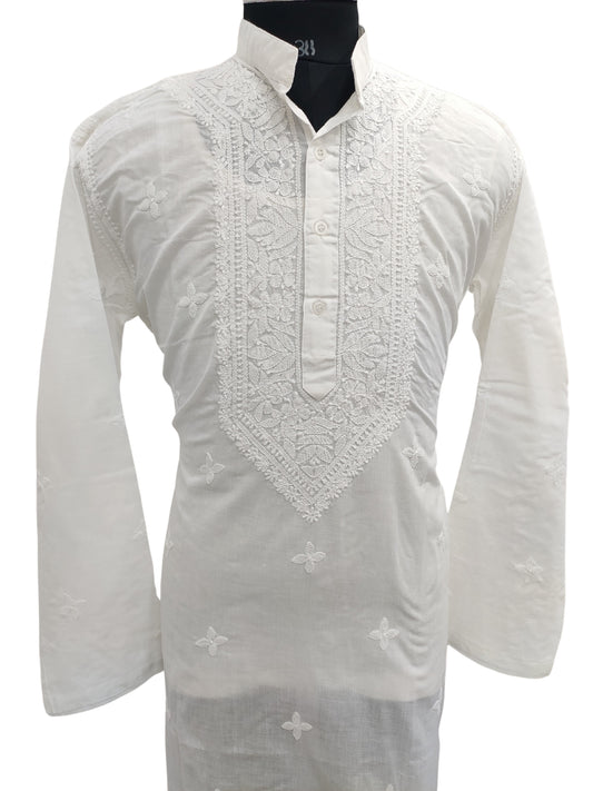 Shyamal Chikan Hand Embroidered White Cotton Lucknowi Chikankari Men's Kurta - S23630