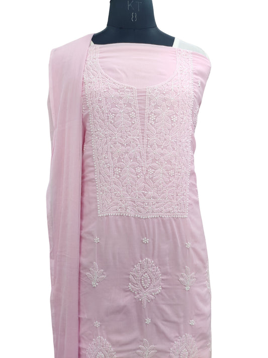 Shyamal Chikan Hand Embroidered Pink Cotton Lucknowi Chikankari Unstitched Suit Piece - S24192