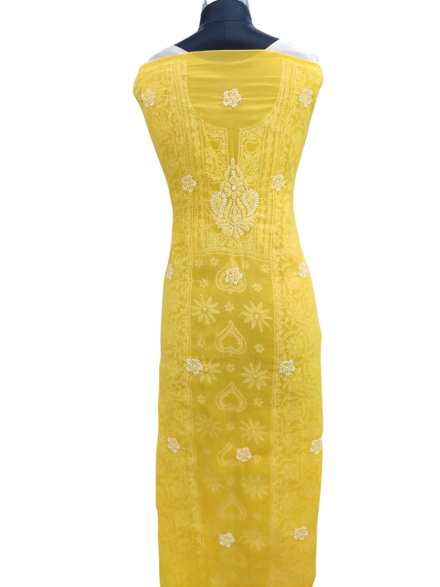 Shyamal Chikan Hand Embroidered Yellow Georgette Lucknowi Chikankari Unstitched Suit Piece With Jaali Work - S20251