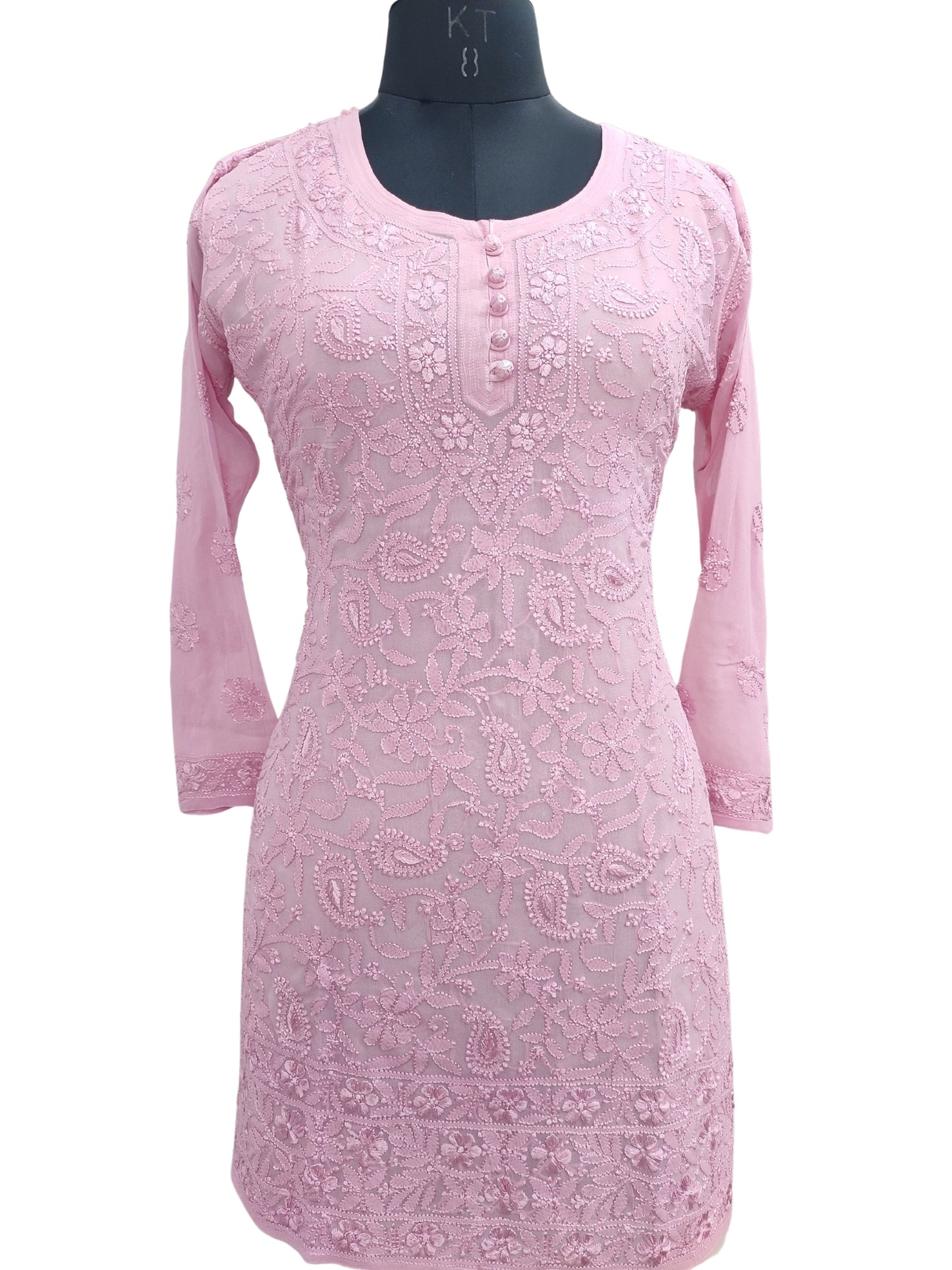 Shyamal Chikan Hand Embroidered Pink Viscose Georgette Lucknowi Chikankari Short Top S22804