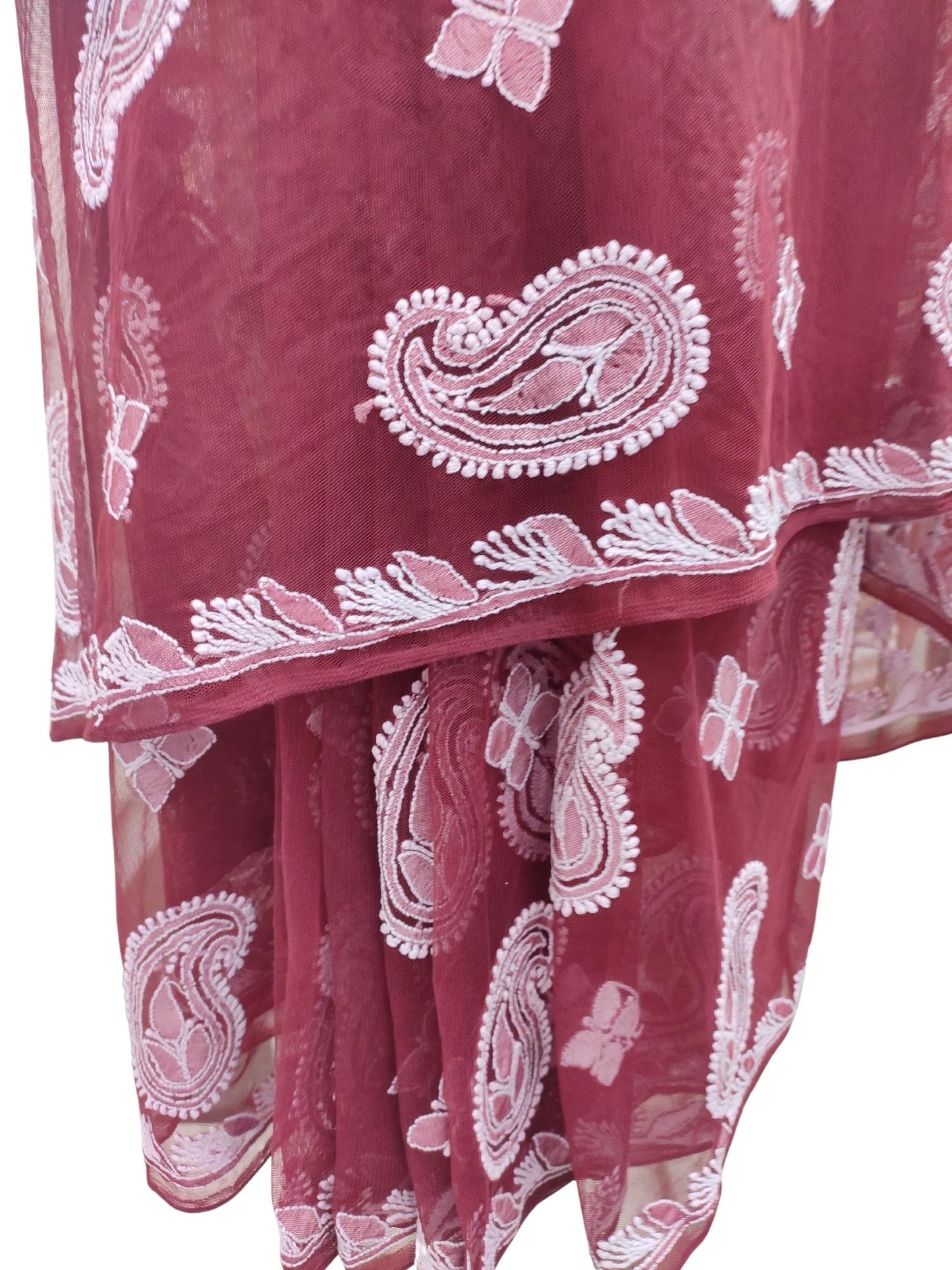 Shyamal Chikan Hand Embroidered Maroon Net Lucknowi Chikankari Saree With Blouse Piece- S21320