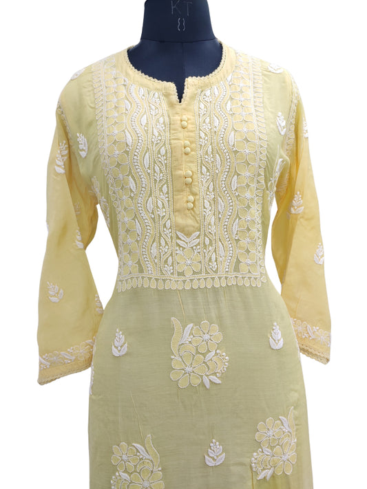 Shyamal Chikan Hand Embroidered Yellow Muslin Lucknowi Chikankari Kurti - 23824