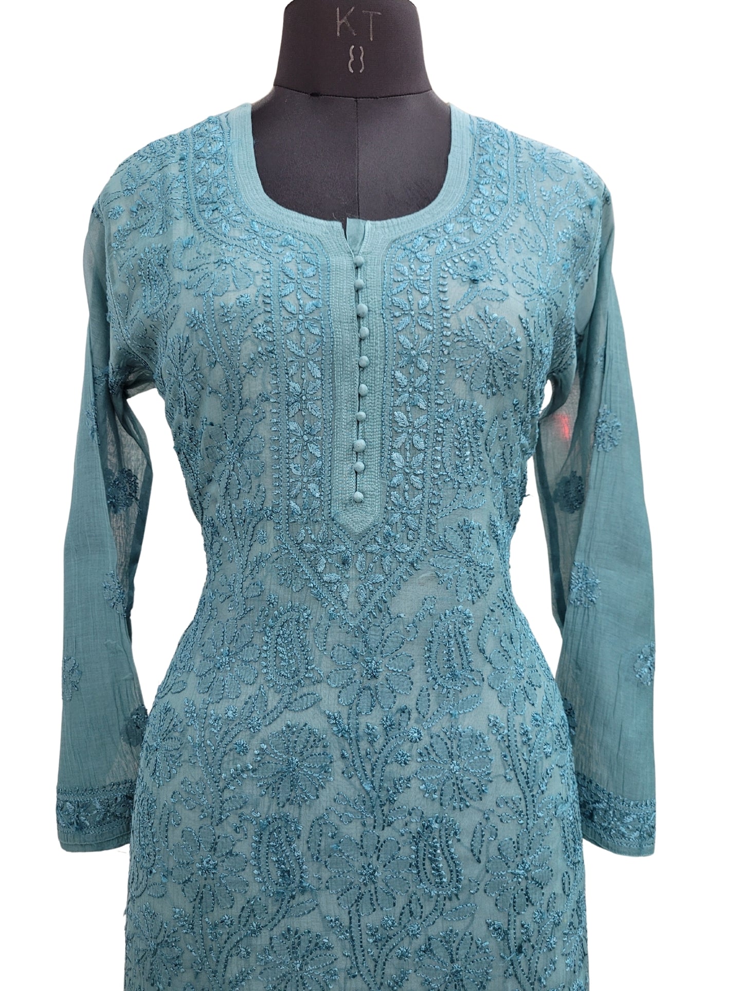 Shyamal Chikan Hand Embroidered Blue Mul Chanderi Lucknowi Chikankari Kurti - S24706