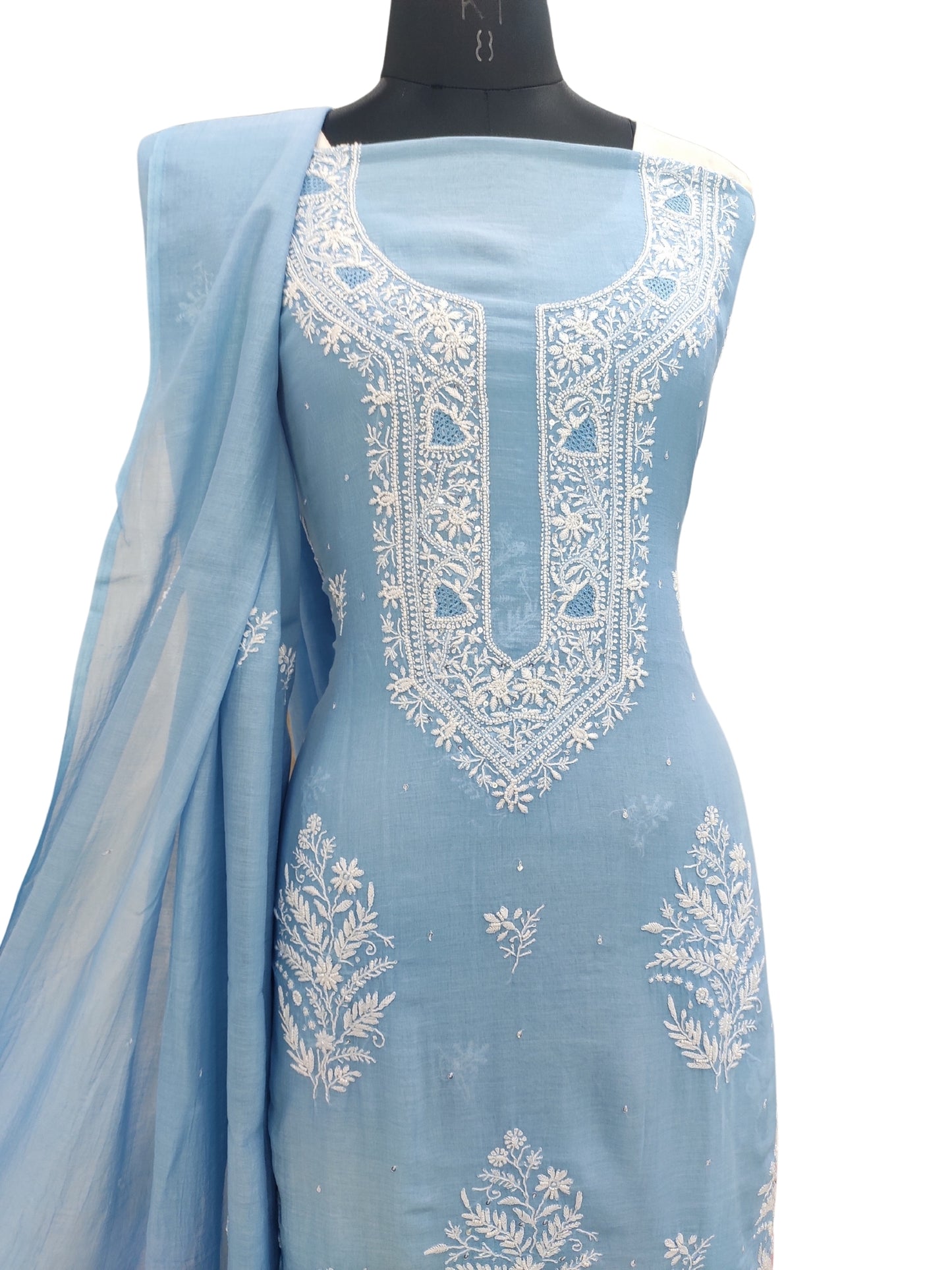 Shyamal Chikan Hand Embroidered Blue Mul Chanderi Lucknowi Chikankari Unstitched Suit Piece with Cutdana & Sequin Work (Kurta Dupatta Set) 23894