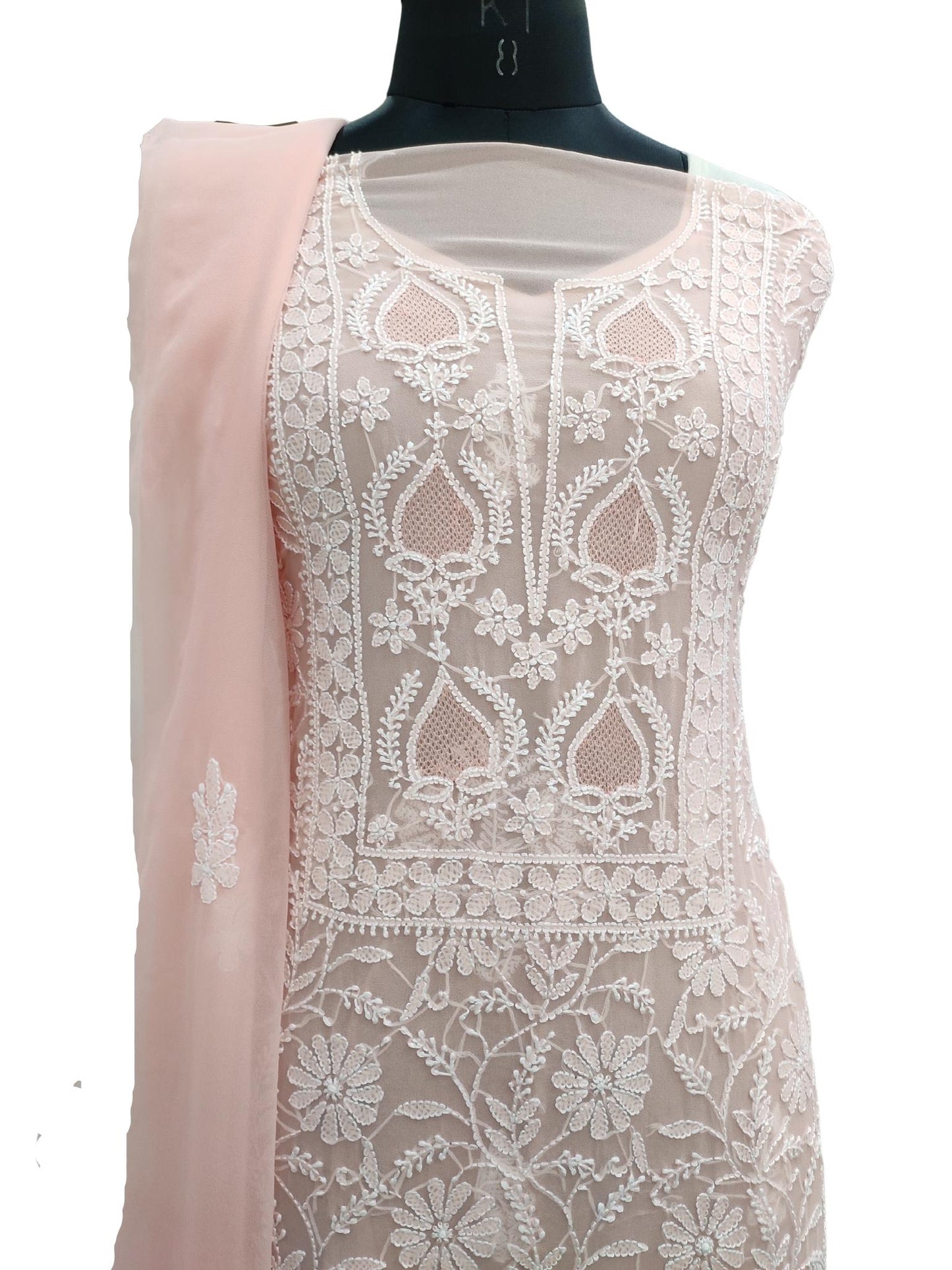 Shyamal Chikan Hand Embroidered Peach Georgette Lucknowi Chikankari Unstitched Suit Piece with Jaali work - S20225