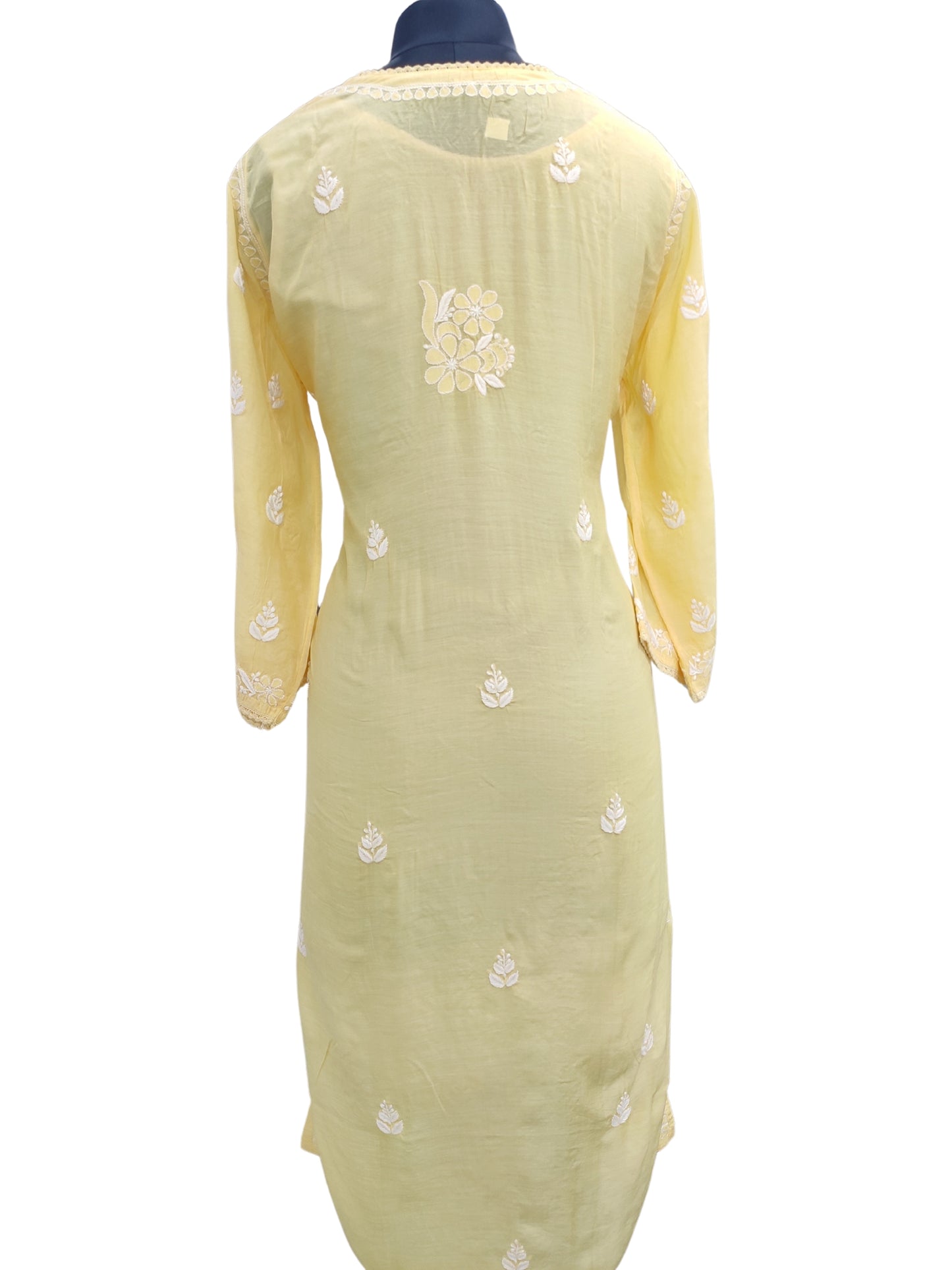 Shyamal Chikan Hand Embroidered Yellow Muslin Lucknowi Chikankari Kurti - 23824