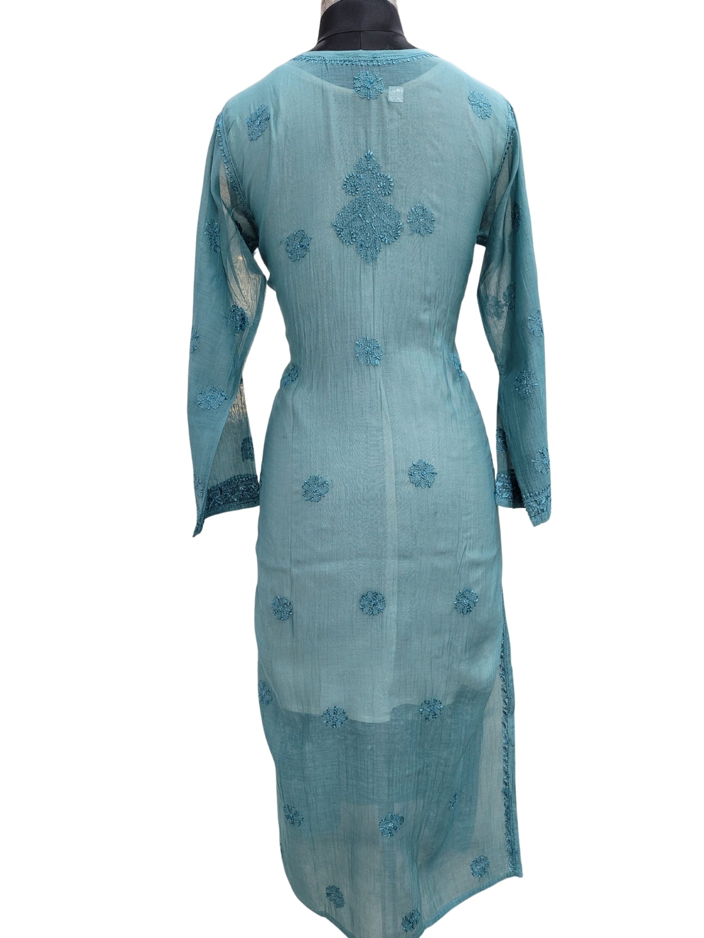 Shyamal Chikan Hand Embroidered Blue Mul Chanderi Lucknowi Chikankari Kurti - S24706