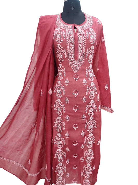 Shyamal Chikan Hand Embroidered Maroon Mul Chanderi Lucknowi Chikankari semi stitched Suit Piece (Kurta Dupatta Set) - 23755