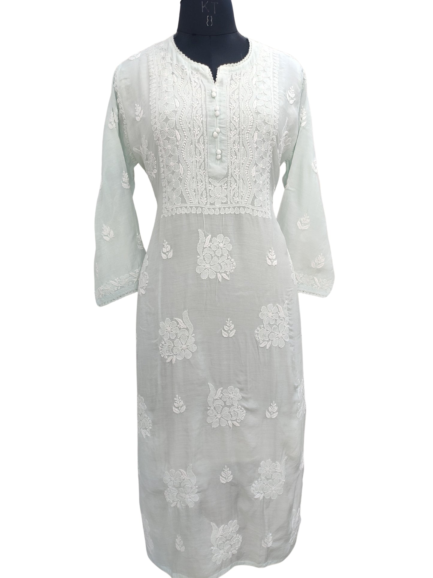 Shyamal Chikan Hand Embroidered Sea Green Muslin Lucknowi Chikankari Kurti - 23823