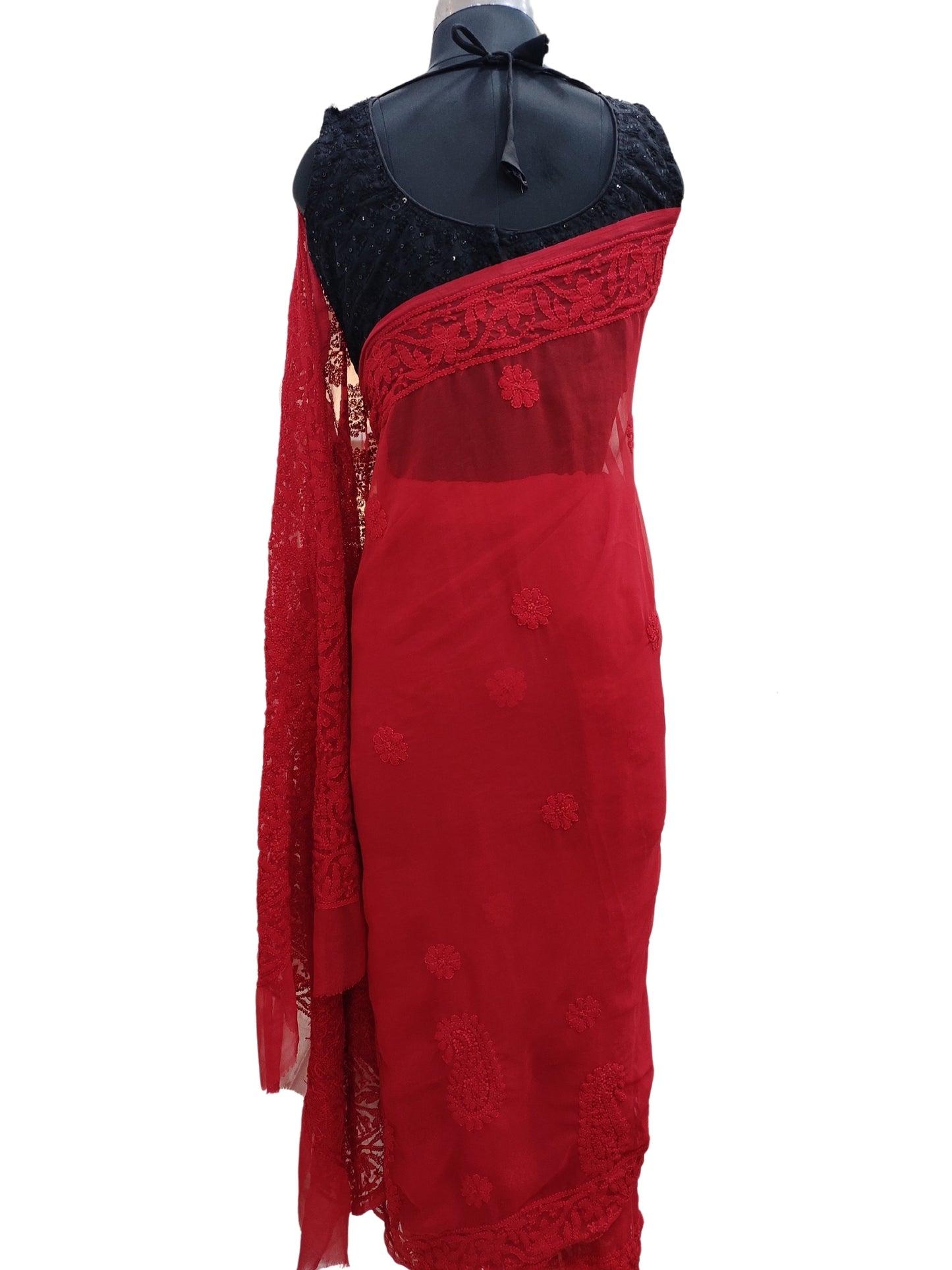 Shyamal Chikan Hand Embroidered Red Georgette Lucknowi Chikankari Skirt Saree With Blouse Piece - S21742