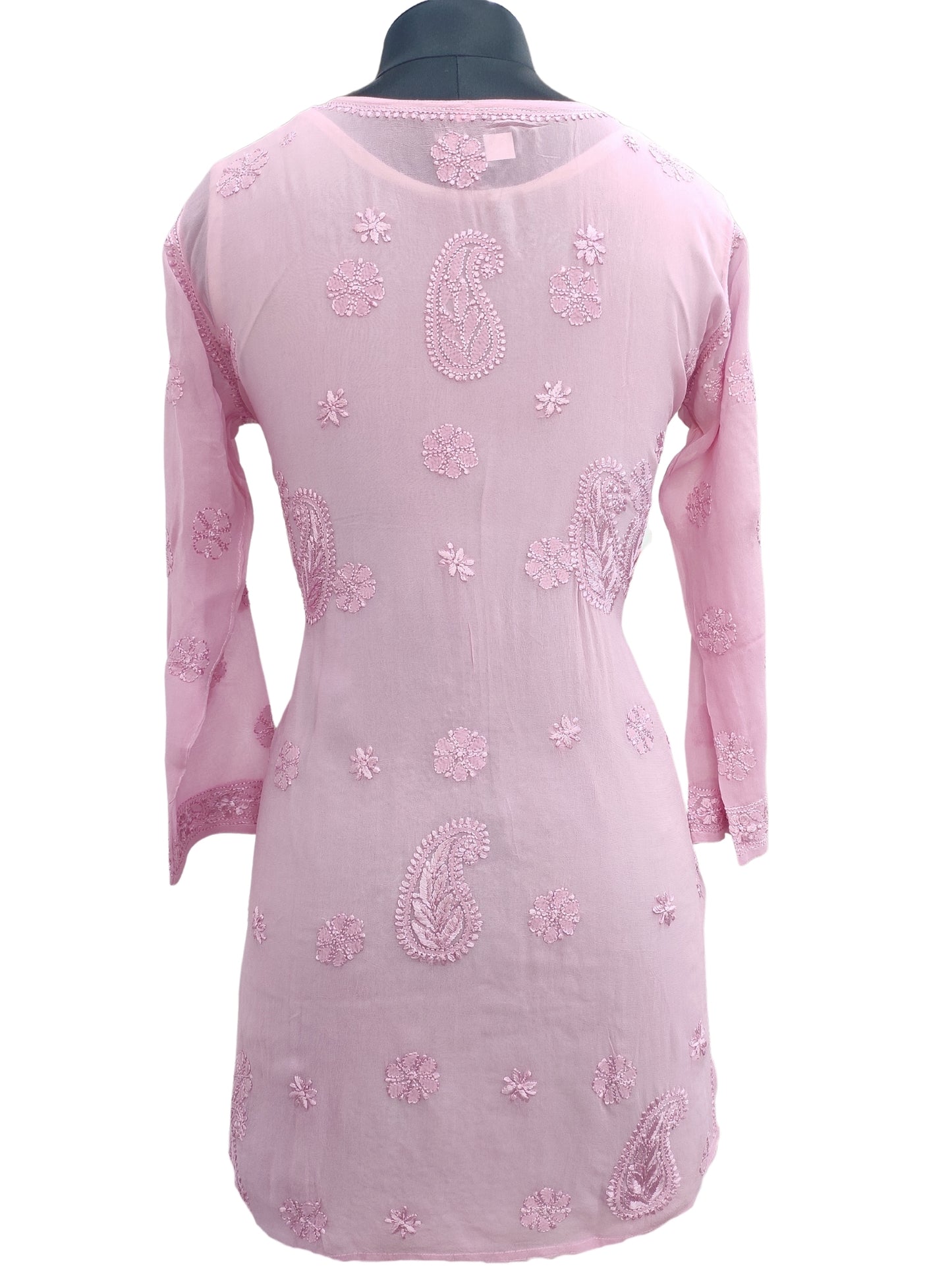 Shyamal Chikan Hand Embroidered Pink Viscose Georgette Lucknowi Chikankari Short Top S22804