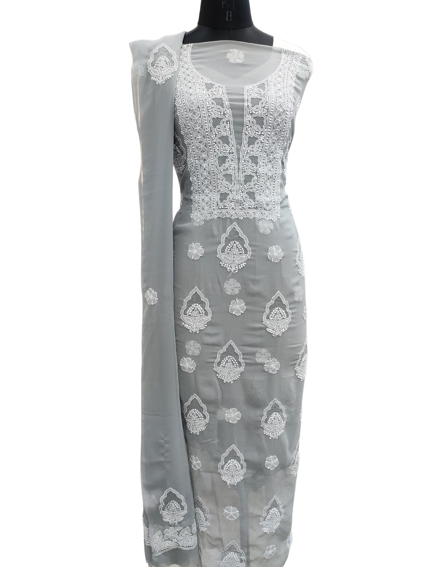 Shyamal Chikan Hand Embroidered High Quality Grey Georgette Lucknowi Chikankari Unstitched Suit Piece with Jaali Work - S18290