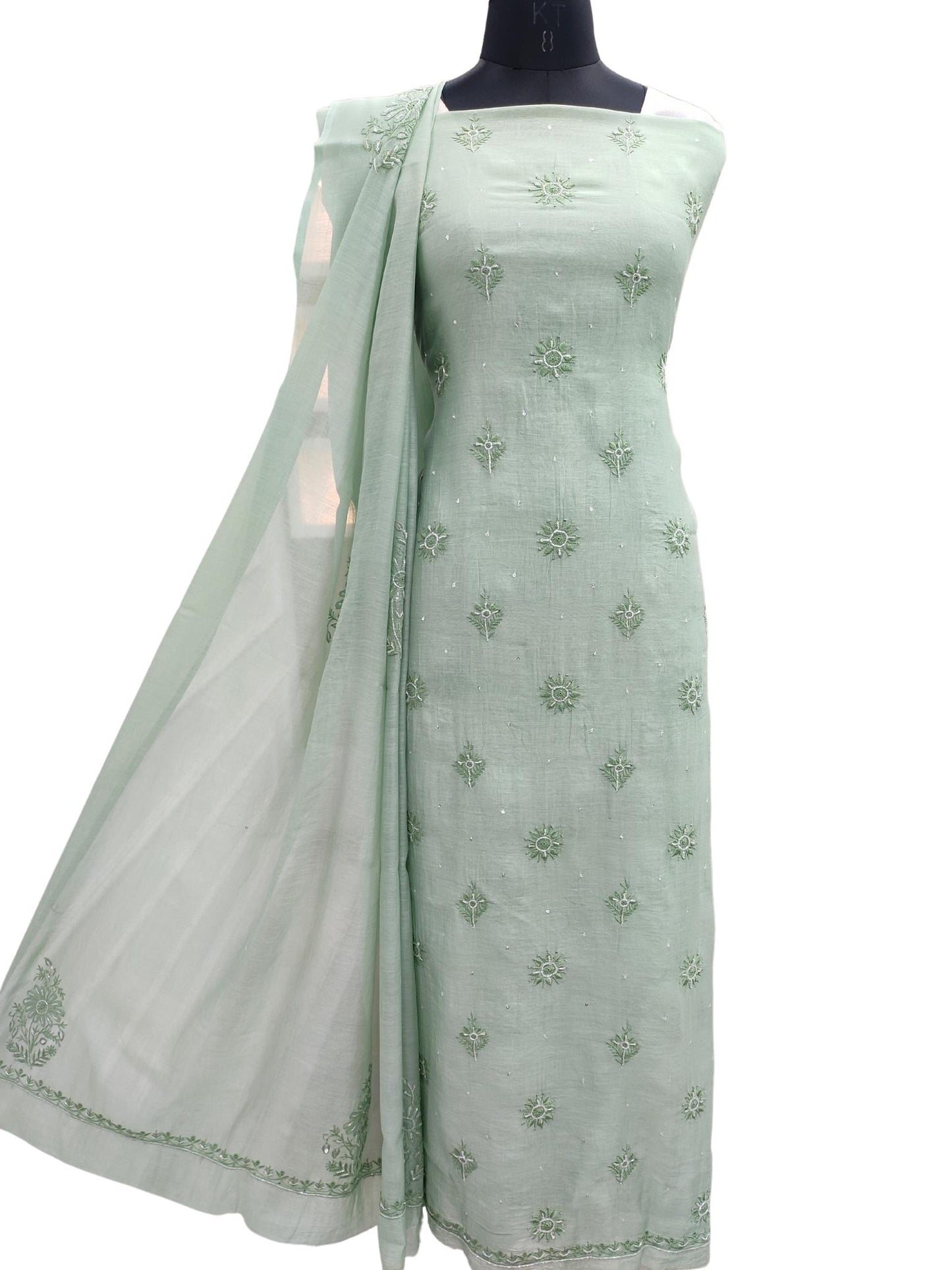 Shyamal Chikan Hand Embroidered Green Mul Chanderi Lucknowi Chikankari Unstitched Suit Piece with Pearl & Sequin Work (Kurta Dupatta Set)S21175
