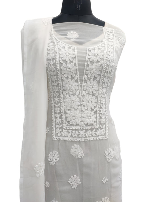 Shyamal Chikan Hand Embroidered White Georgette Lucknowi Chikankari Unstitched Suit Piece - S21943
