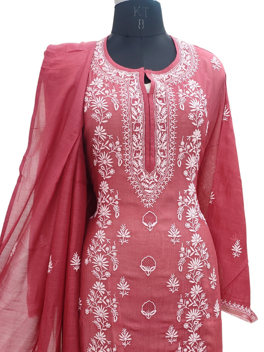 Shyamal Chikan Hand Embroidered Maroon Mul Chanderi Lucknowi Chikankari semi stitched Suit Piece (Kurta Dupatta Set) - 23755