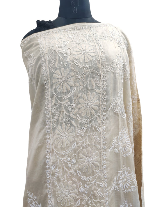 Shyamal Chikan Hand Embroidered Beige Pure Desi Tusser Silk Lucknowi Chikankari Saree With Blouse Piece- S22435