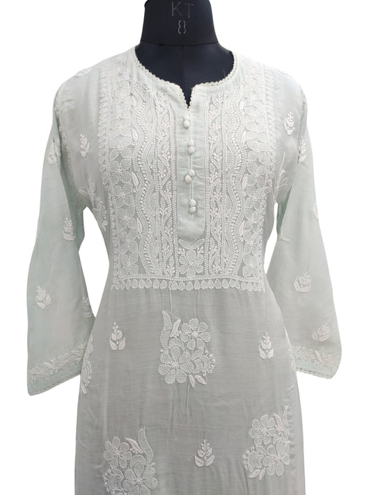 Shyamal Chikan Hand Embroidered Sea Green Muslin Lucknowi Chikankari Kurti - 23823