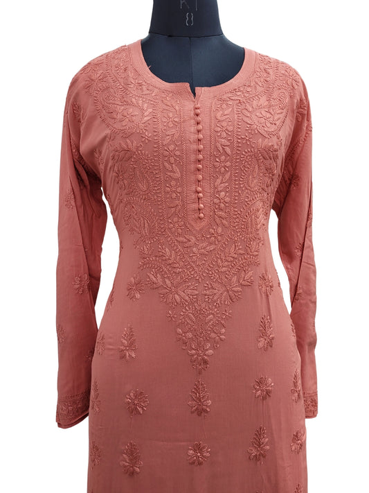 Shyamal Chikan Hand Embroidered Orange Modal Cotton Lucknowi Chikankari Kurti - S24684