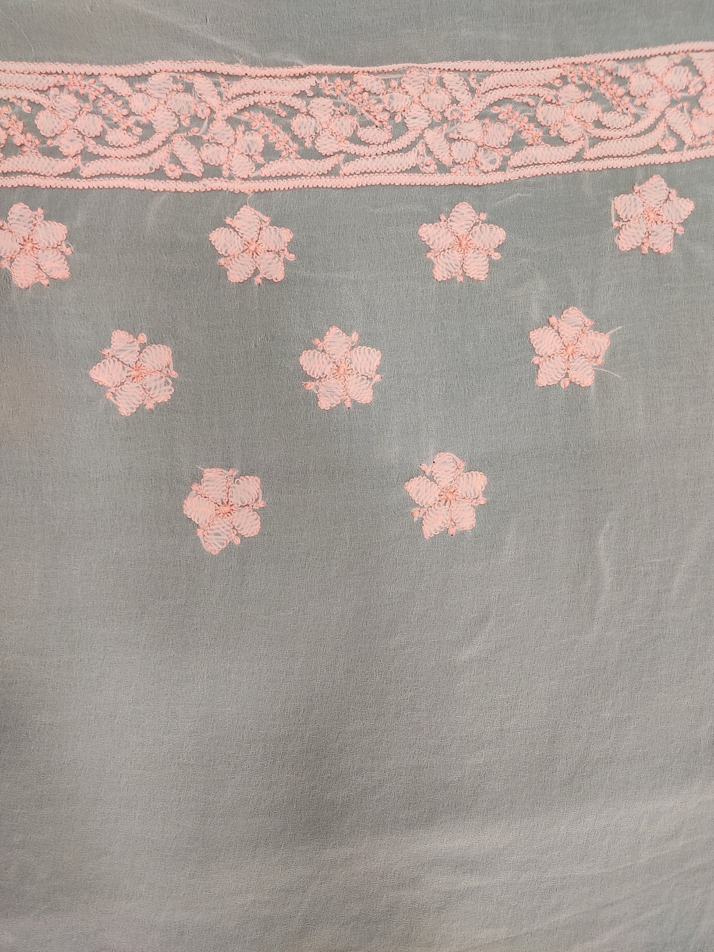 Shyamal Chikan Hand Embroidered Peach Georgette Lucknowi Chikankari Shoulder Jaal Saree With Blouse Piece - S26274