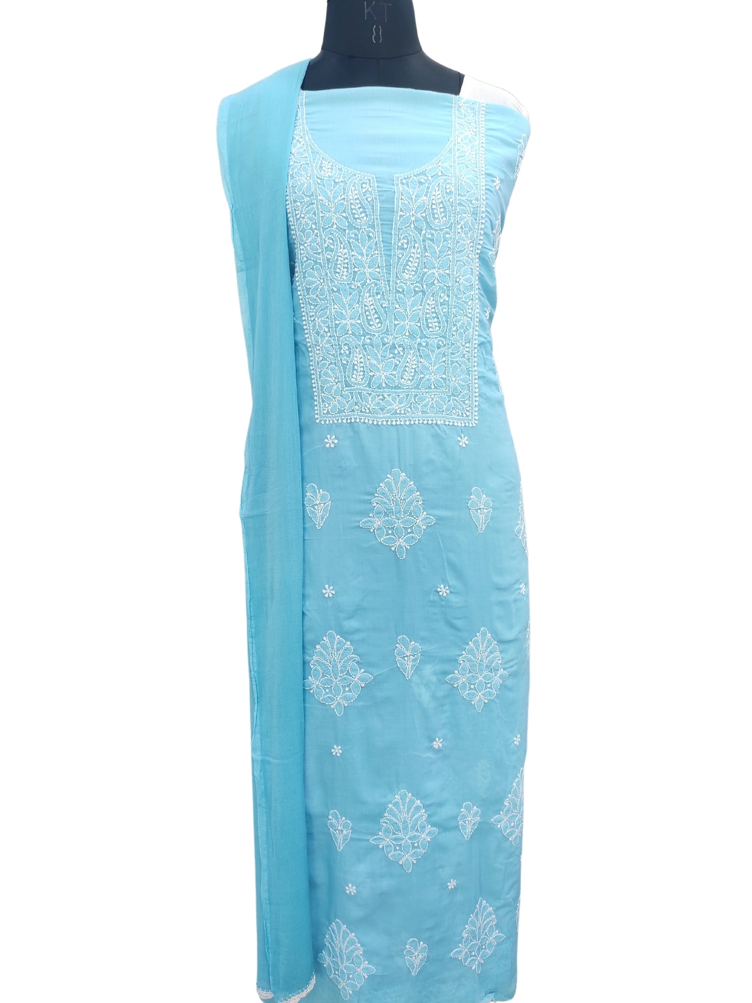 Shyamal Chikan Hand Embroidered Blue Cotton Lucknowi Chikankari Unstitched Suit Piece 24193