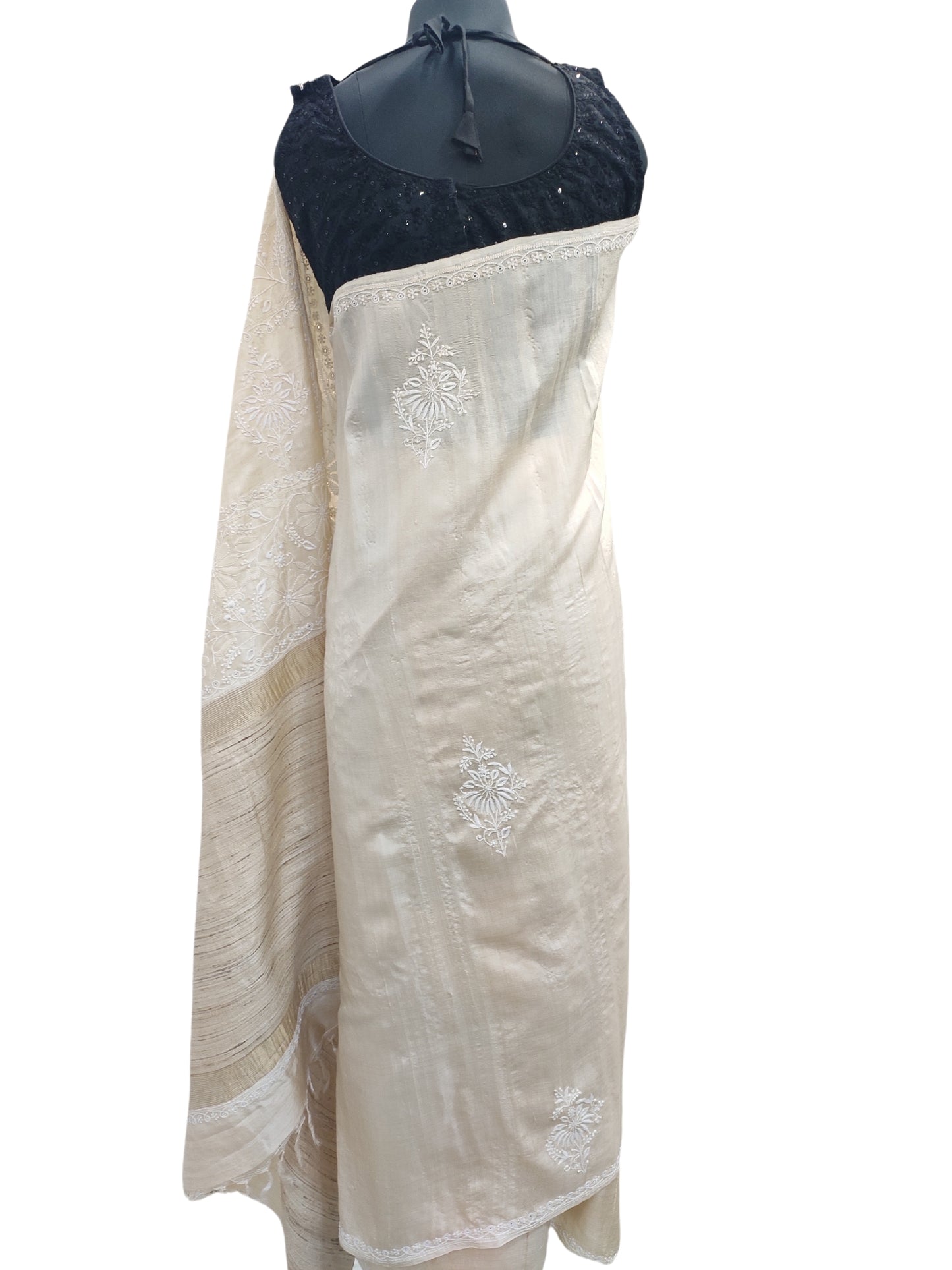 Shyamal Chikan Hand Embroidered Beige Pure Desi Tusser Silk Lucknowi Chikankari Saree With Blouse Piece- S22435