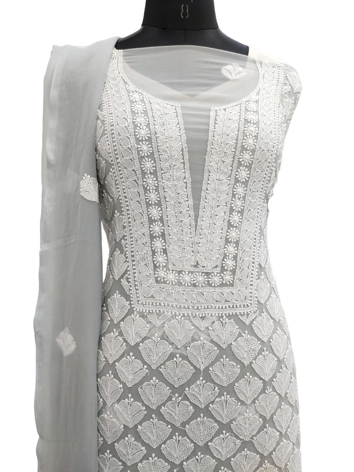 Shyamal Chikan Hand Embroidered Grey Georgette Lucknowi Chikankari Unstitched Suit Piece - S20226