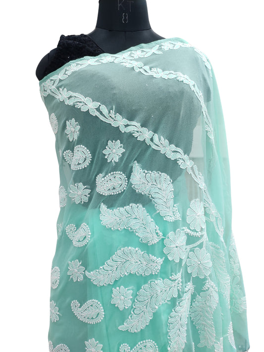 Shyamal Chikan Hand Embroidered Green Georgette Lucknowi Chikankari Saree With Blouse Piece - S23161
