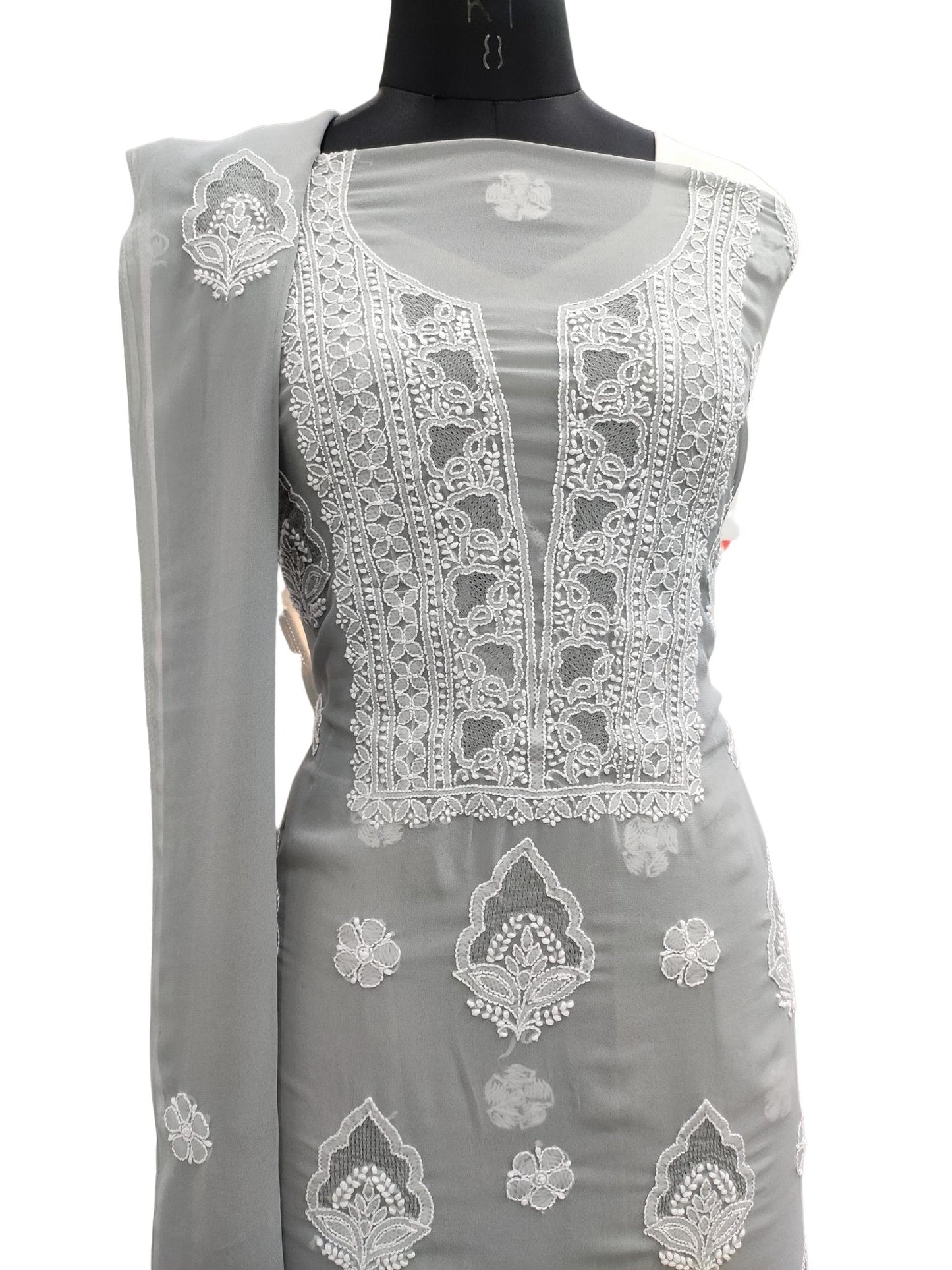 Shyamal Chikan Hand Embroidered High Quality Grey Georgette Lucknowi Chikankari Unstitched Suit Piece with Jaali Work - S18290