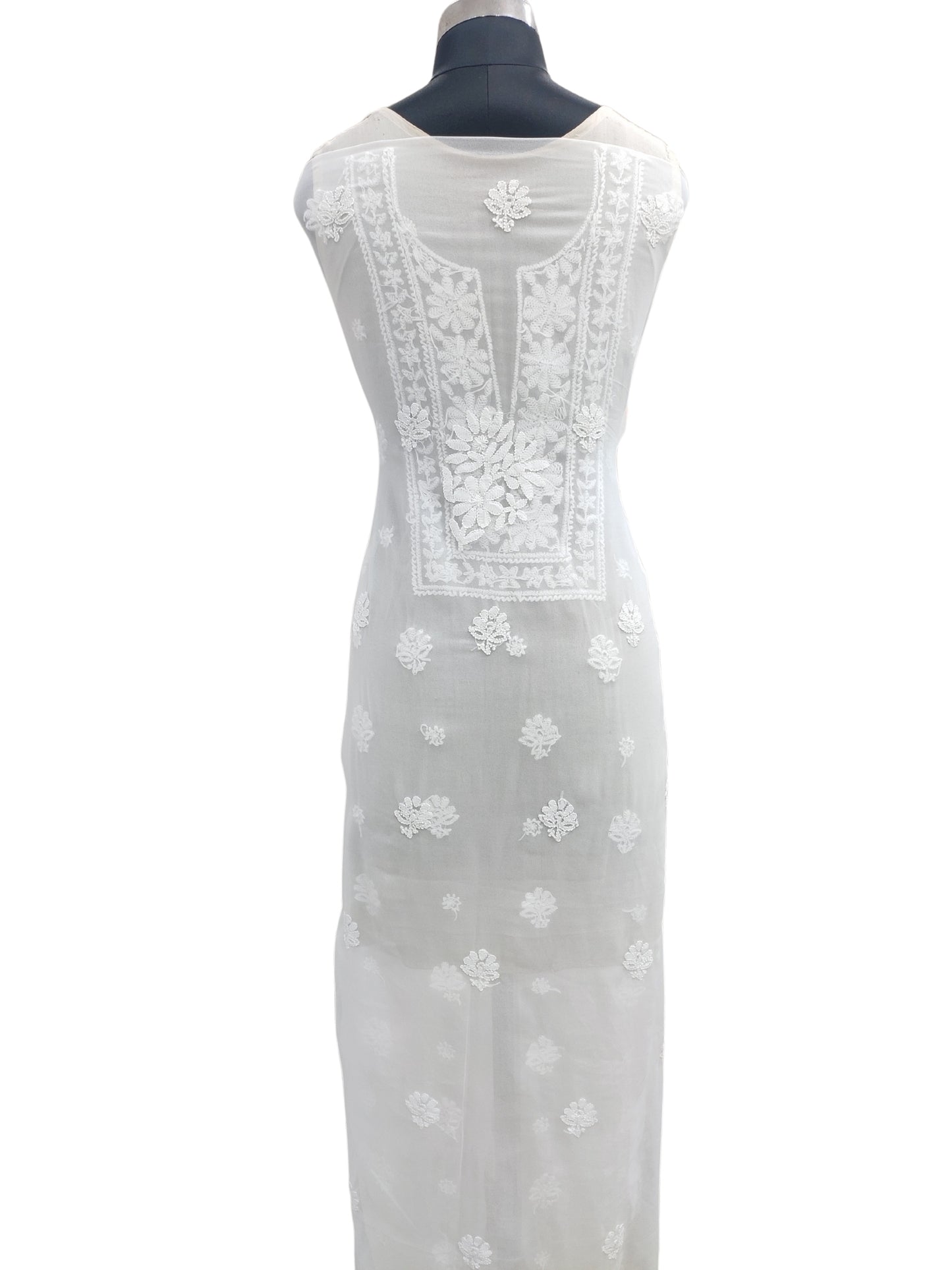 Shyamal Chikan Hand Embroidered White Georgette Lucknowi Chikankari Unstitched Suit Piece - S21943