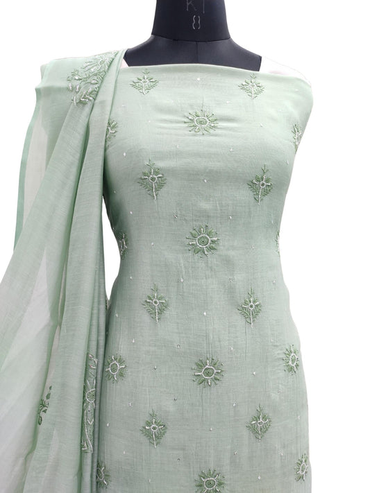 Shyamal Chikan Hand Embroidered Green Mul Chanderi Lucknowi Chikankari Unstitched Suit Piece with Pearl & Sequin Work (Kurta Dupatta Set)S21175