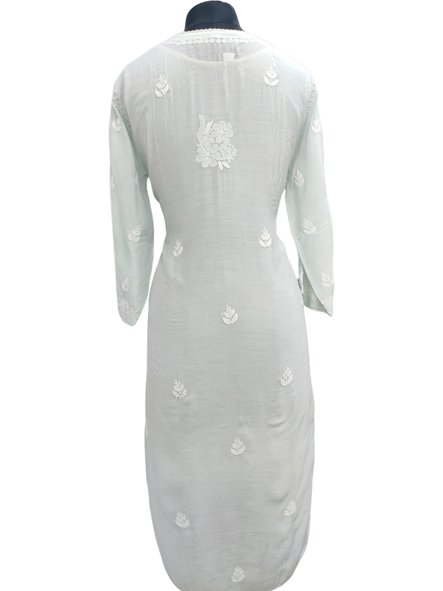 Shyamal Chikan Hand Embroidered Sea Green Muslin Lucknowi Chikankari Kurti - 23823