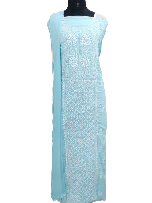 Shyamal Chikan Hand Embroidered Blue Cotton Lucknowi Chikankari Unstitched Suit Piece 23384